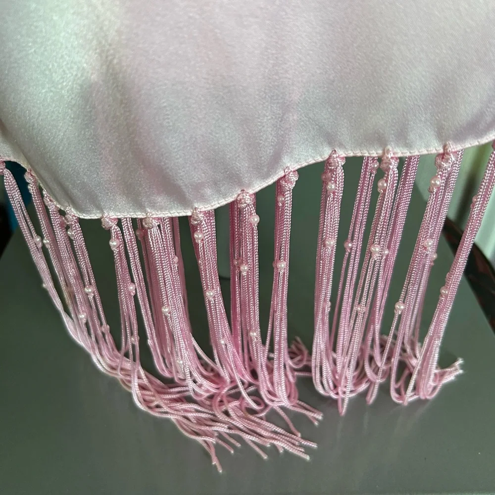 Long Pink Scarf w Pearl Accents and Fringe